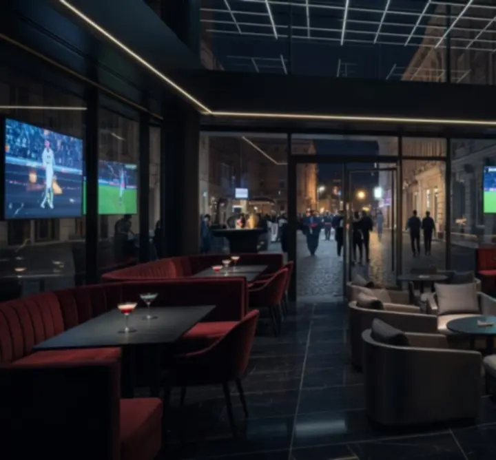 Cinematikus éjszakai látvány a Budapest Arena 24 étterem és sportbár noir hangulatú belső terében